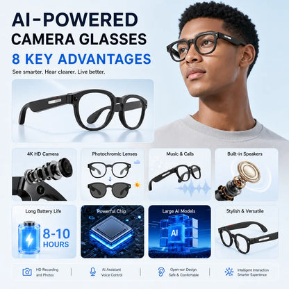 Sightflow Smart AI Camera Glasses with 8MP Photochromic UV-Protection Lenses, Real-Time Translation in 160+ Languages, Bluetooth Audio, Hands-Free Photo & Video Capture, Touch Control, Ideal for Travel and Outdoor Use, Compatible with iOS and Android